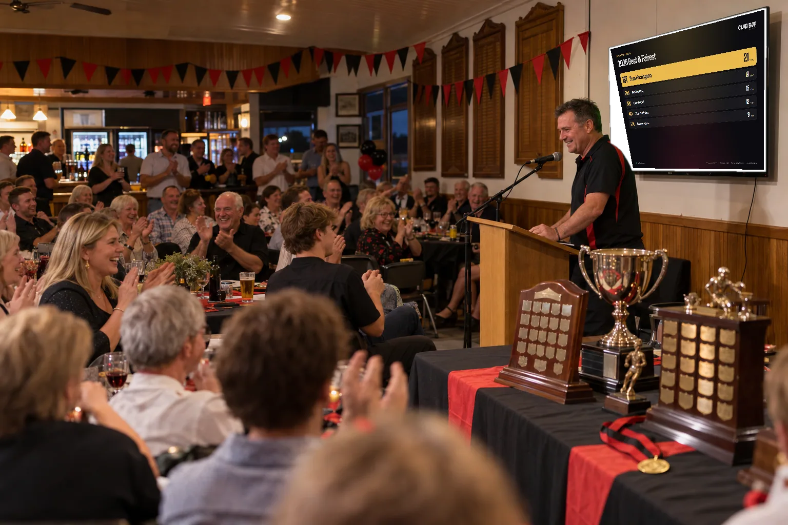 Presentation night in the clubrooms: the live leaderboard on the big screen, the room on its feet