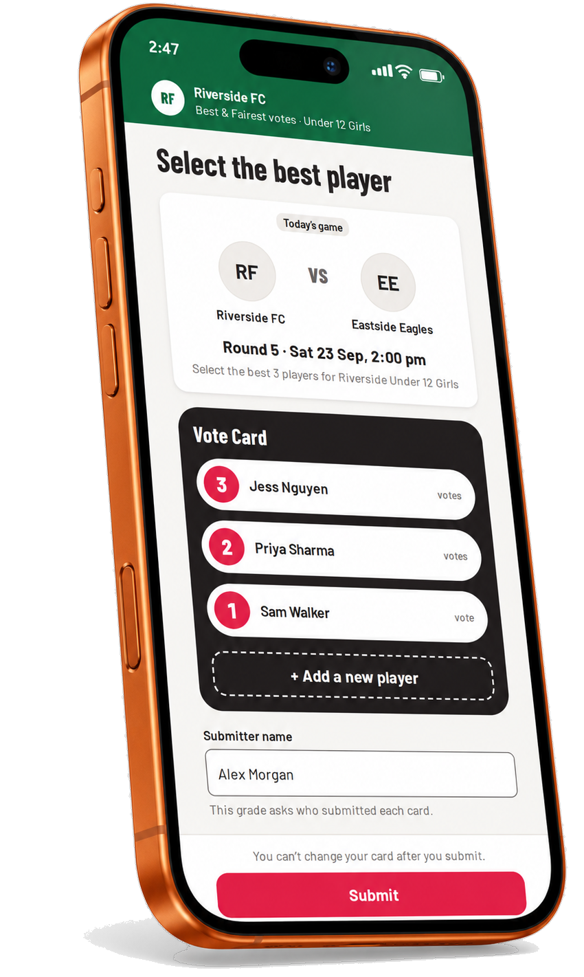 A completed 3·2·1 vote card on an iPhone 17 Pro, ready to submit
