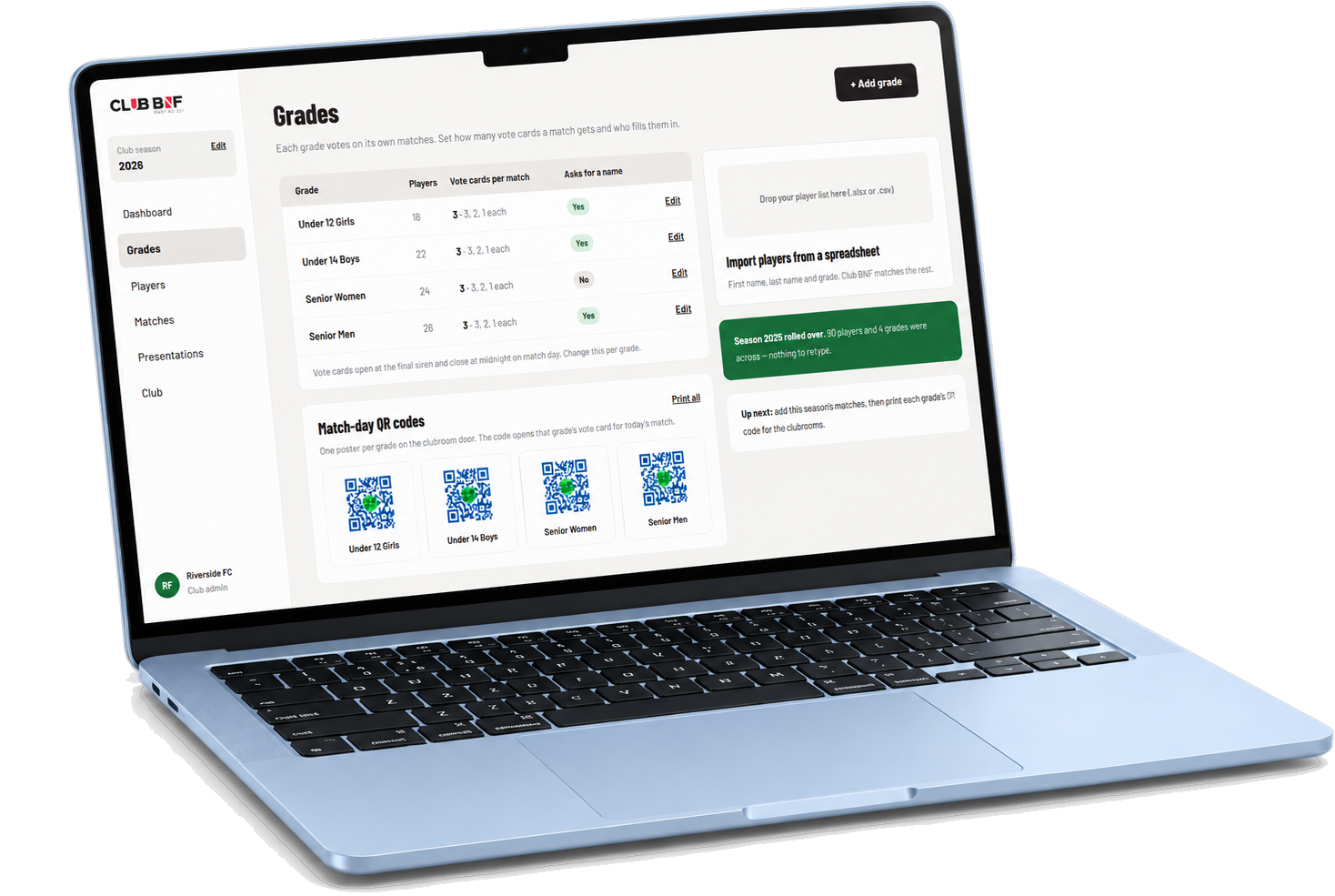 Season setup on a MacBook Air: the club’s grades, players and vote cards per match