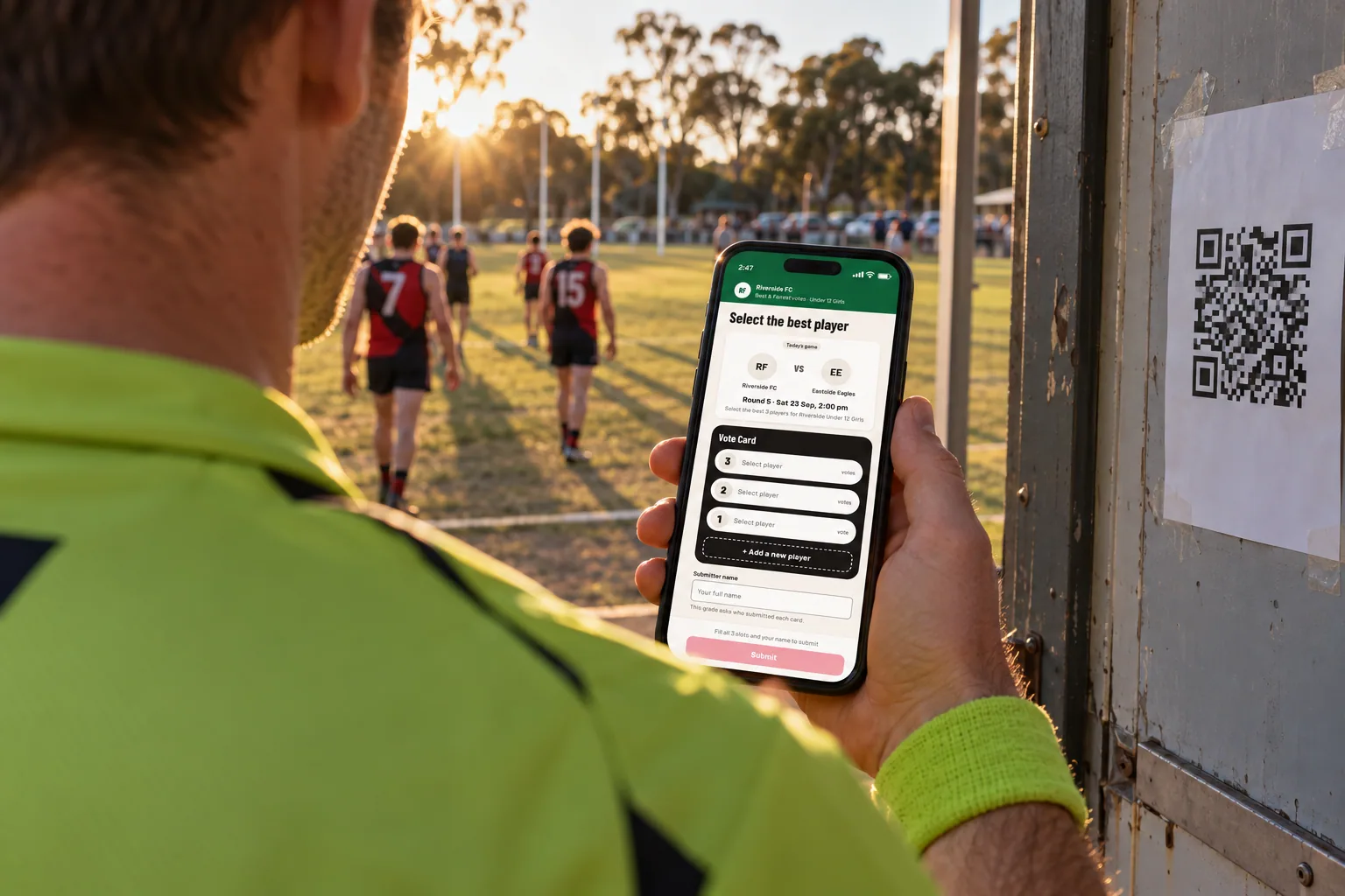 A field umpire scanning the Club BNF QR poster on the clubroom door at sunset, the vote card opening on his phone